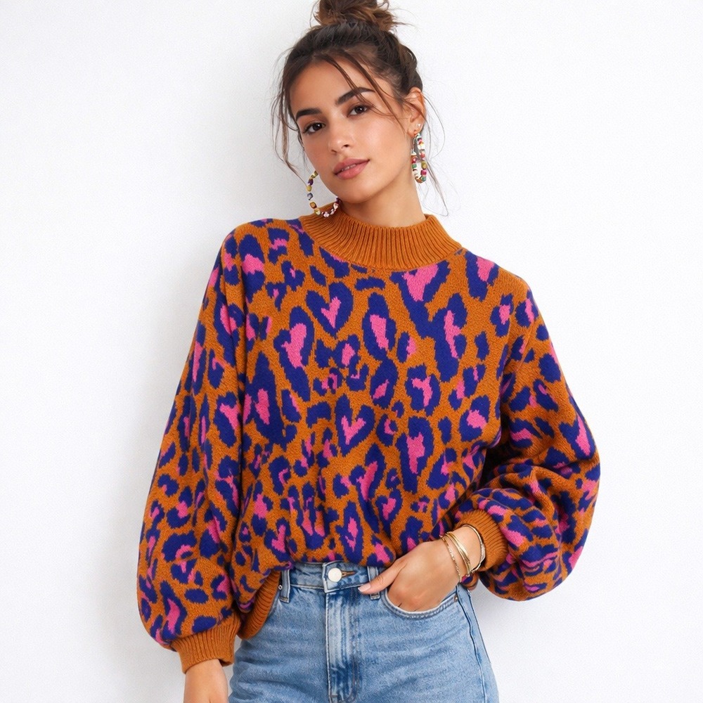 Farm Rio Leopard Heart Print Sweater Women Small Balloon Sleeve Bold Knitwear